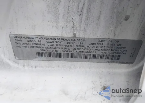 2009 Volkswagen Jetta S z USA, uszkodzony, nr VIN 3VWJM71K39M130833